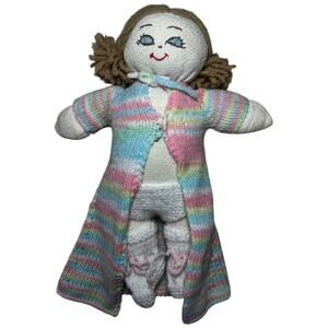 Handmade Knit Rag Doll Pastel Rainbow Stripes Brown Yarn Hair